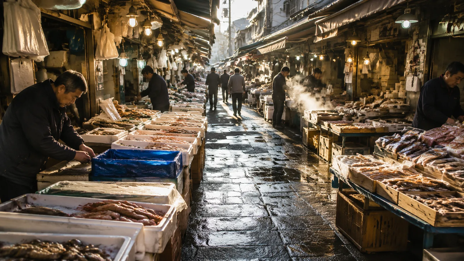 A Tsukiji Outer Market lane on a weekday morning
