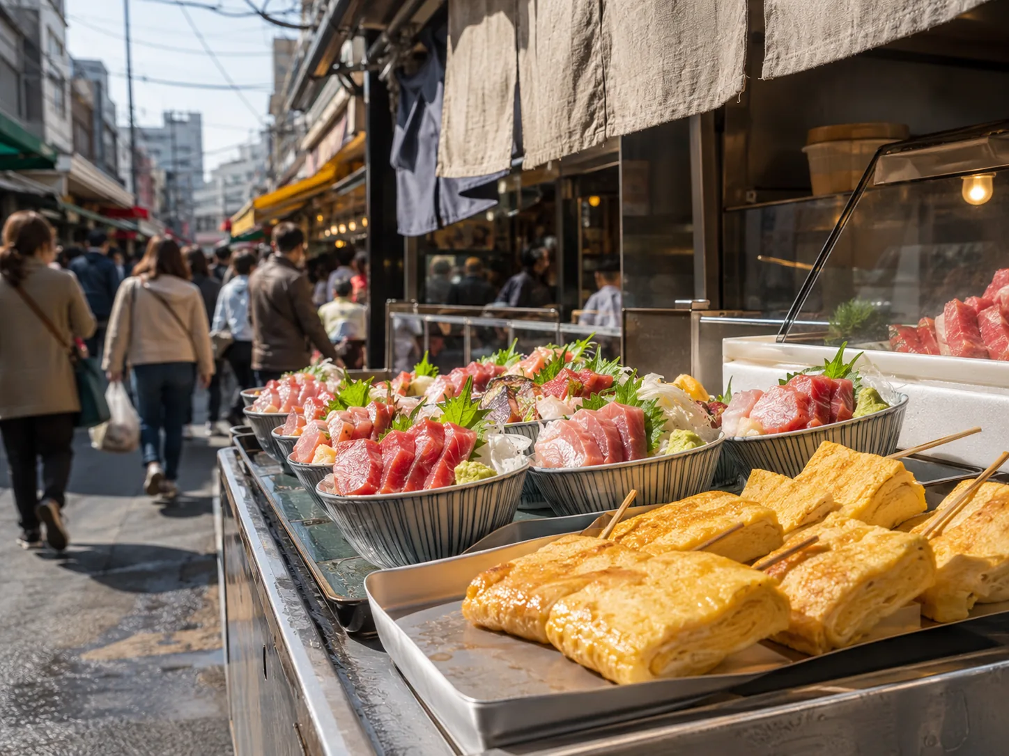 Tamagoyaki egg skewers & tuna bowls at Tsukiji Outer Market