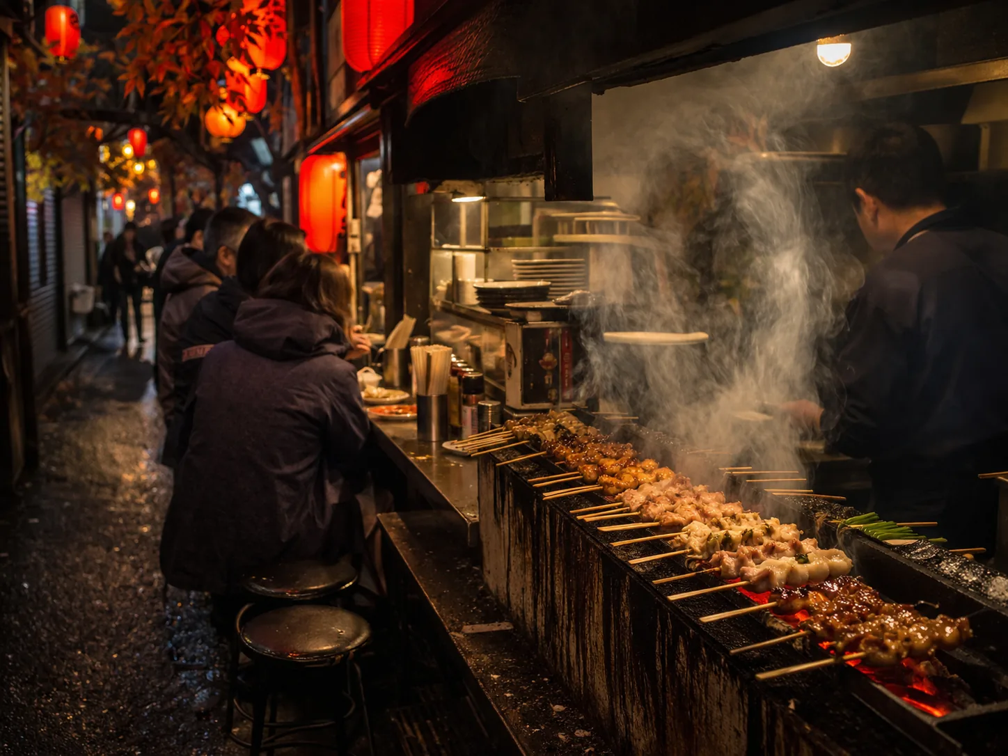 Omoide Yokocho alleys at dusk with yakitori smoke & red lanterns